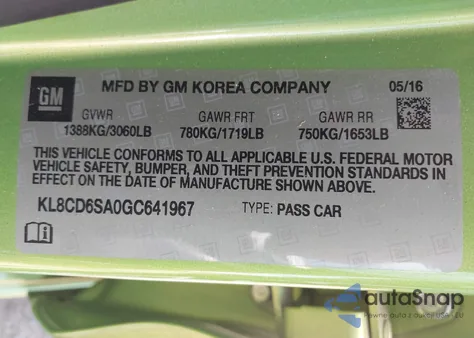 2016 Chevrolet Spark 1Lt Cvt z USA, uszkodzony, nr VIN KL8CD6SA0GC641967